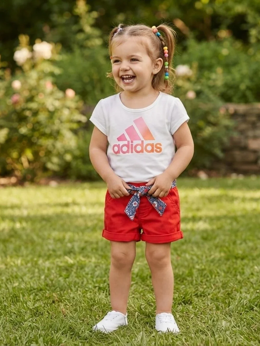 Adidas 3T White Tee with Orange Logo and Orange Floral Shorts